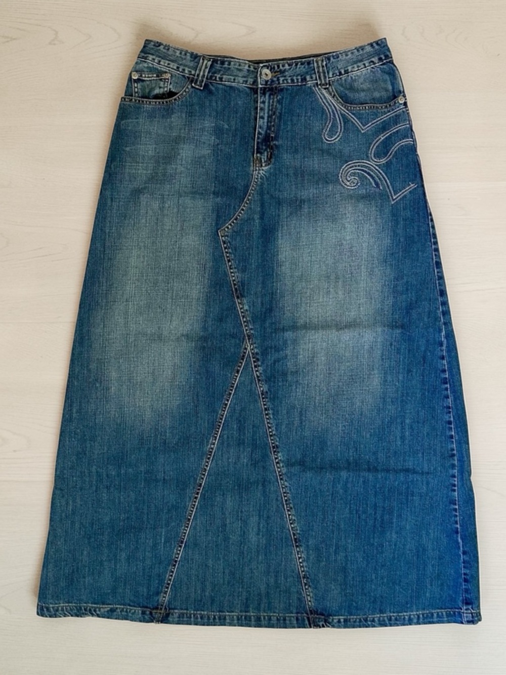 Blue Denim Maxi Skirt With Embroidered Detail